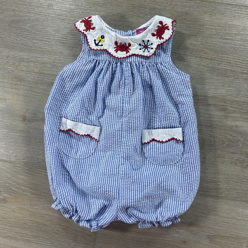 Goodlad Baby 9 Months Blue Stripe Piece Nautical Crab Embroidered‎ Seersucker
